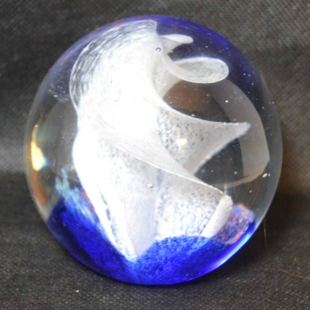 Glass Paperweight With Delicate White And Blue Spiral Design Inside